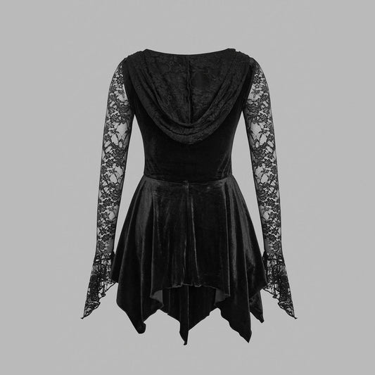 Gothic Vintage Lace Stitching Women Dress Gothic Bandage Ladies Long Sleeve Velvet Dress