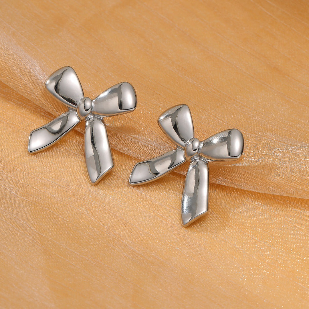 Gold Bow Titanium Steel Earrings Small Exquisite High Sense Stainless Steel Studs Ring Women - Wanita Store
