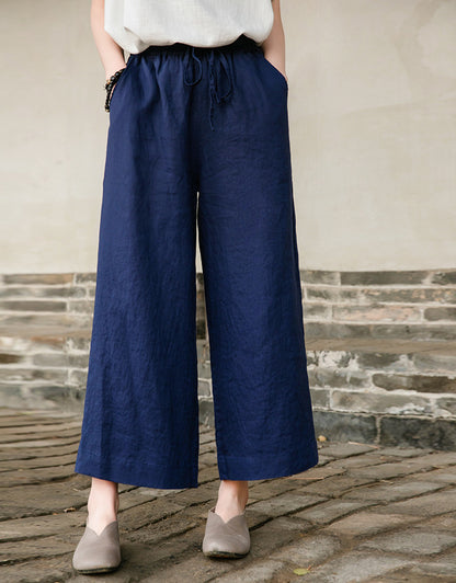 Spring Summer Cotton Linen Women Artistic Washed Lace up Linen Casual Straight Through Cropped Pants Women Cotton Linen Wide Leg Pants - Wanita Store