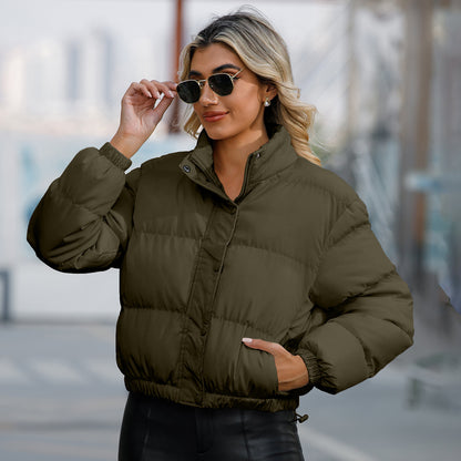 Autumn Winter Women Clothing Short Cotton Jacket Women Long Sleeve High Collar Warm Coat Loose Casual Cotton-Padded Clothes - Wanita Store