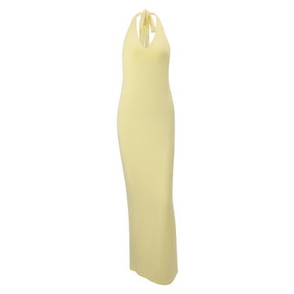 Women Clothing Summer Sexy V neck Halter Backless High Waist Slim Solid Color Dress - Wanita Store