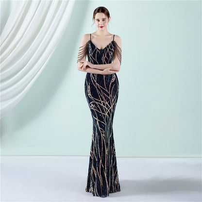 Sling Sequin Toast Dress Bride Long Appreciation Dinner Slim-Fit Fishtail Wedding Car Model Exhibition Dress - Wanita Store