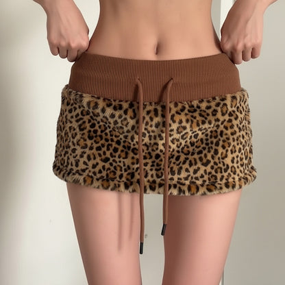 Vintage Leopard Print Stitching Waist Head Contrast Skirt Women Lace up Sexy Thread Furry Skirt - Wanita Store
