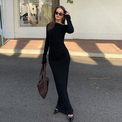 Sexy Women Clothing Sloping-Shoulder off the Shoulder Long Sleeve Slim Fit Pleated Long Socialite Dress - Wanita Store