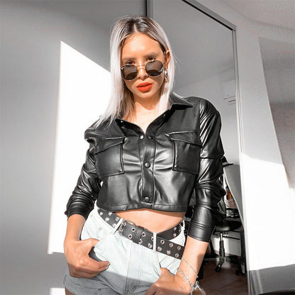Autumn Winter Long Sleeve Short cropped Women Leather Top Short Coat Women - Wanita Store