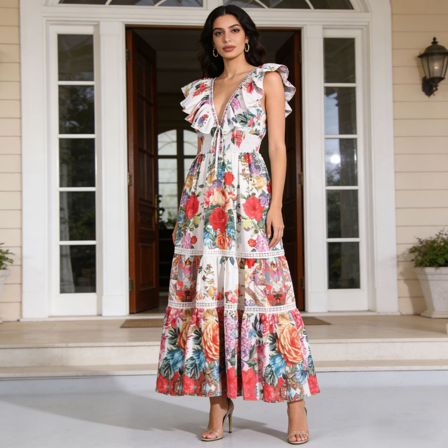 Spring Deep V Plunge neck Ruffled Sleeve Maxi Dress Ruffled Stitching Printing Design Waist Slimming Dress for Women