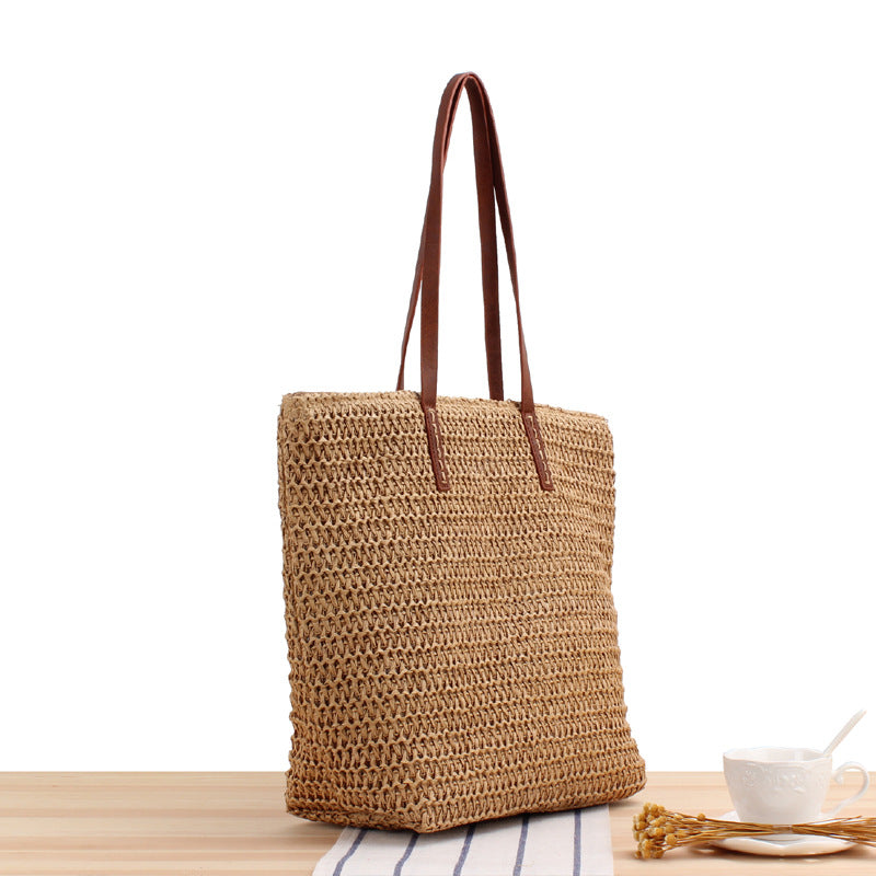 Solid Color Simple Shoulder Straw Bag Japanese Korean Woven Bag Daily Office Casual Vacation Women Bag