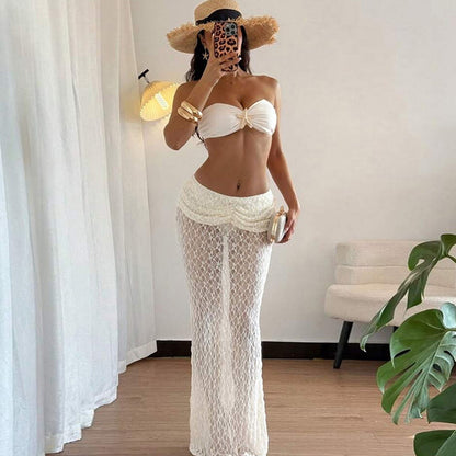 Summer Women Clothing Solid Color Sexy Lace up Tube Top Lace Maxi Skirt Two Piece Set for Women - Wanita Store