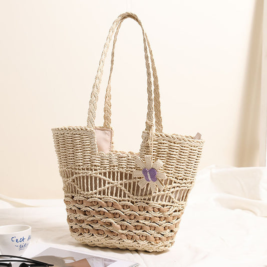 One Shoulder Hollow Out Cutout out Straw Bag Floral Contrast Color Woven Bag Vacation Beach Bag Women Bag
