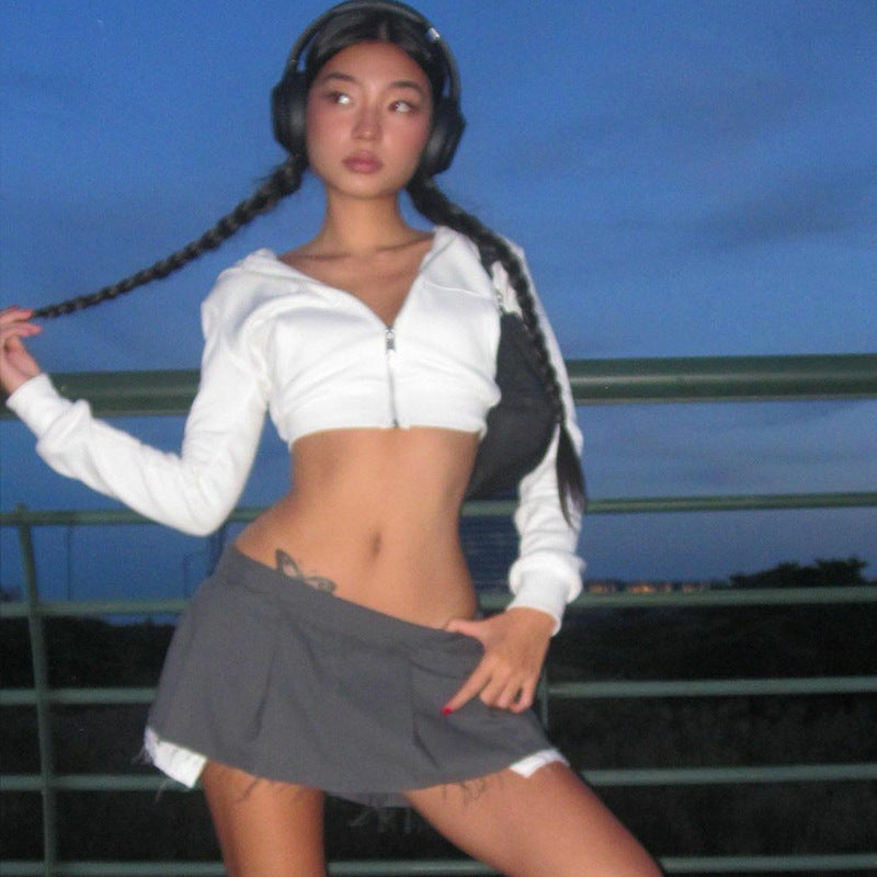 Women Clothing Winter Cardigan Zipper Hooded Slim Fit Cropped Long Sleeves Top