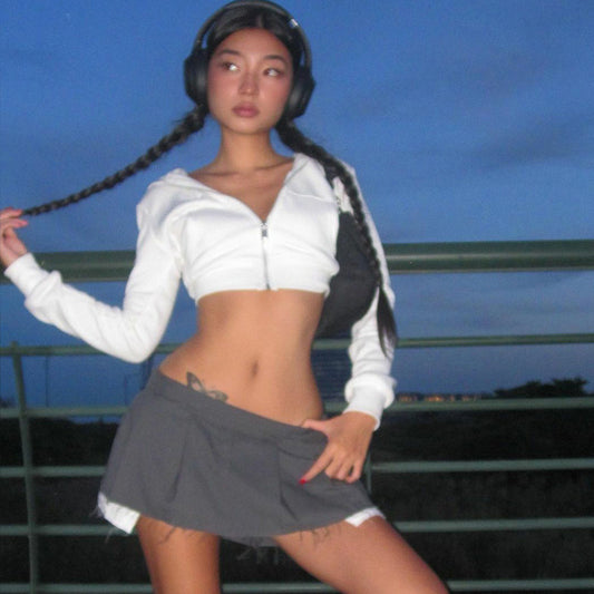 Women Clothing Winter Cardigan Zipper Hooded Slim Fit Cropped Long Sleeves Top