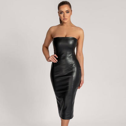 Autumn Winter Solid Color Faux Leather Elegant Slim-Fit Tube Top Back Slit Sexy Midi Dress - Wanita Store