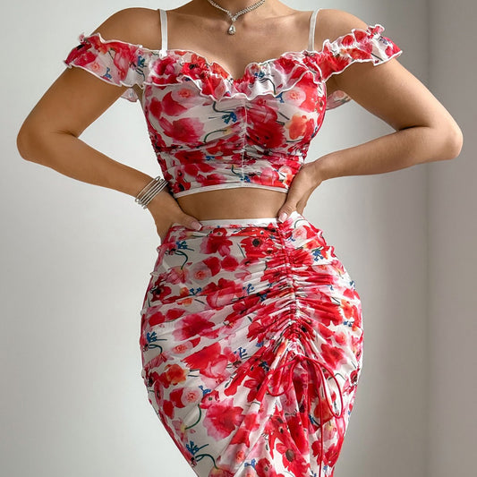 Special French Floral Slim-Fitting Sexy Skirt Set Pleated Lace Outdoor Beach