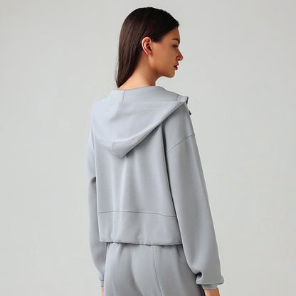 Hooded Zip Cardigan Coat Women Autumn Winter Loose Fitting Casual Pullover Running Fitness Sports Top - Wanita Store
