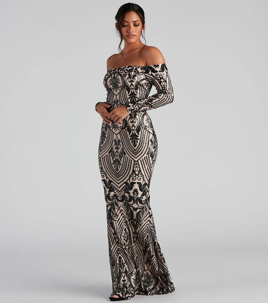 Women Elegant Sequ Sexy off Neck Dress Cocktail Evening Maxi Dress