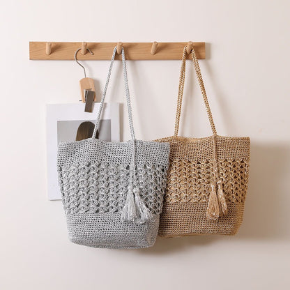 Large Capacity Hollow Out Cutout out Straw Bag All Matching Tassel Woven Bag Women Vacation Beach Bag Casual Shoulder Bag - Wanita Store