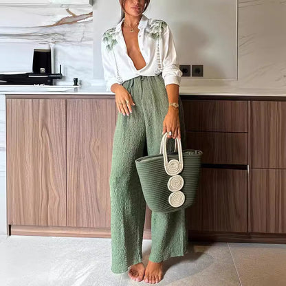 Spring Autumn Printed Long-Sleeved Single Breasted Trousers Suit Casual Loose Two Piece Suit - Wanita Store