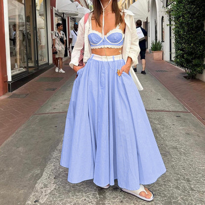 Early Spring Lace Splicing Sling Vest Sexy Women Clothing High Waist Big Swing Skirt Two Piece Set - Wanita Store