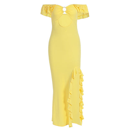 Summer Women Sexy off Shoulder Tube Top Hollow Out Cutout Slim Fit Slit Dress