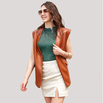 Sleeveless Faux Leather Vest Loose Plus Size Women Vest Cardigan Short Coat Women - Wanita Store