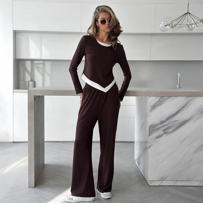 T shirt Trousers Autumn Faux Two Piece Top Two Piece Pants Casual Set Women - Wanita Store