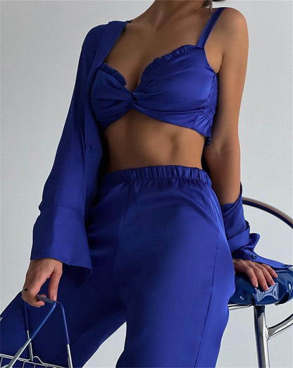 Spring Autumn Casual Satin Three Piece Set Women Clothing Satin Wrapped Chest Vest Shirt Casual Pants Set - Wanita Store