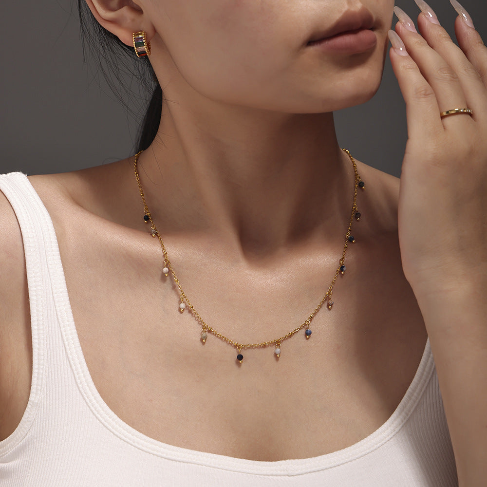Mioli Natural Stone Handmade Small Bead Clavicle Ultra Fine Necklace Double Layer Twin Plated 18K Real Gold Color Retaining Necklace Women - Wanita Store