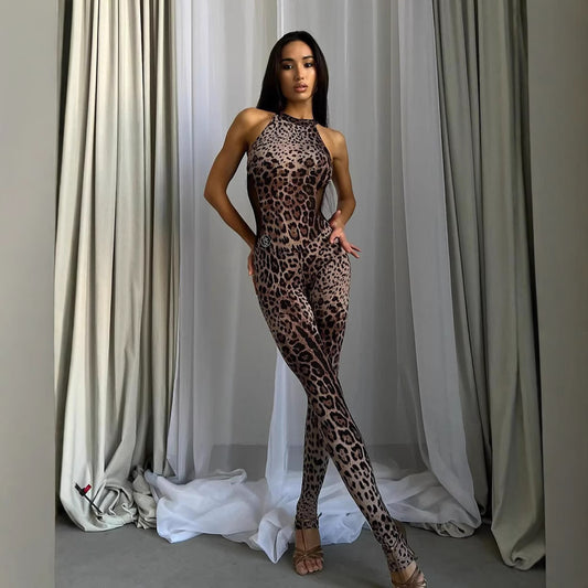 Sexy Sleeveless Halter Leopard Print Printed Mesh Stitching Jumpsuit Tight High Elastic Trousers