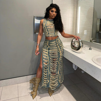 Women Denim Suit Women Personalized Hand Worn Vest High Slit Denim Skirt Set - Wanita Store