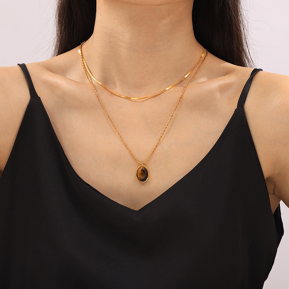 Maillard Simple Grace Personality M Bead Chain Ornament Irregular Asymmetric round Brand Tigereye Embellished Titanium Steel Necklace - Wanita Store
