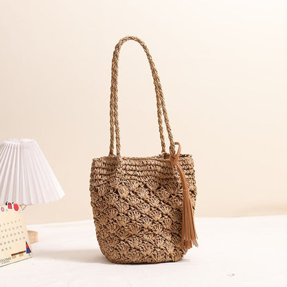 Tassel Shoulder Straw Bag Fan Hollow Out Cutout Pattern Woven Bag Women Vacation Beach Bag Women Bag - Wanita Store