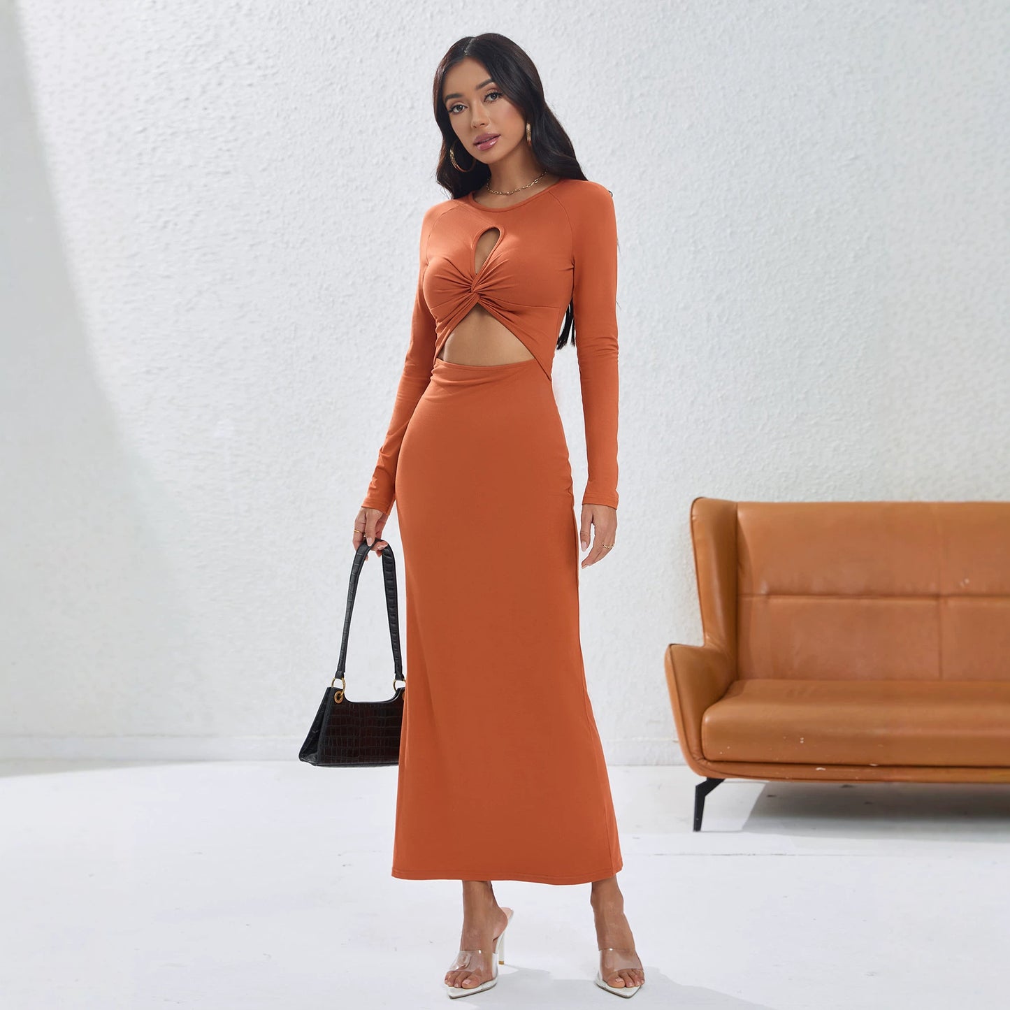 Twist Long Sleeved Dress round Neck Hollow Out Cutout Design Slim Slimming Sexy Dress