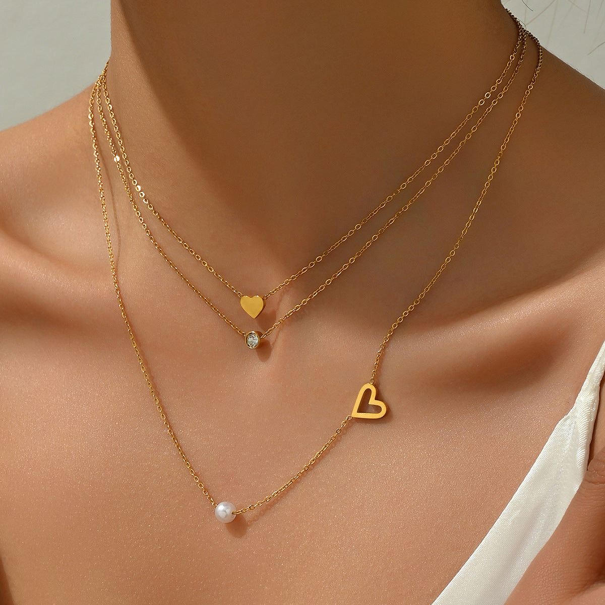 Fashionable Simple 18K Gold Stainless Steel Lovely Pearl Zircon Clavicle Three Chain Twin Necklace for Women - Wanita Store
