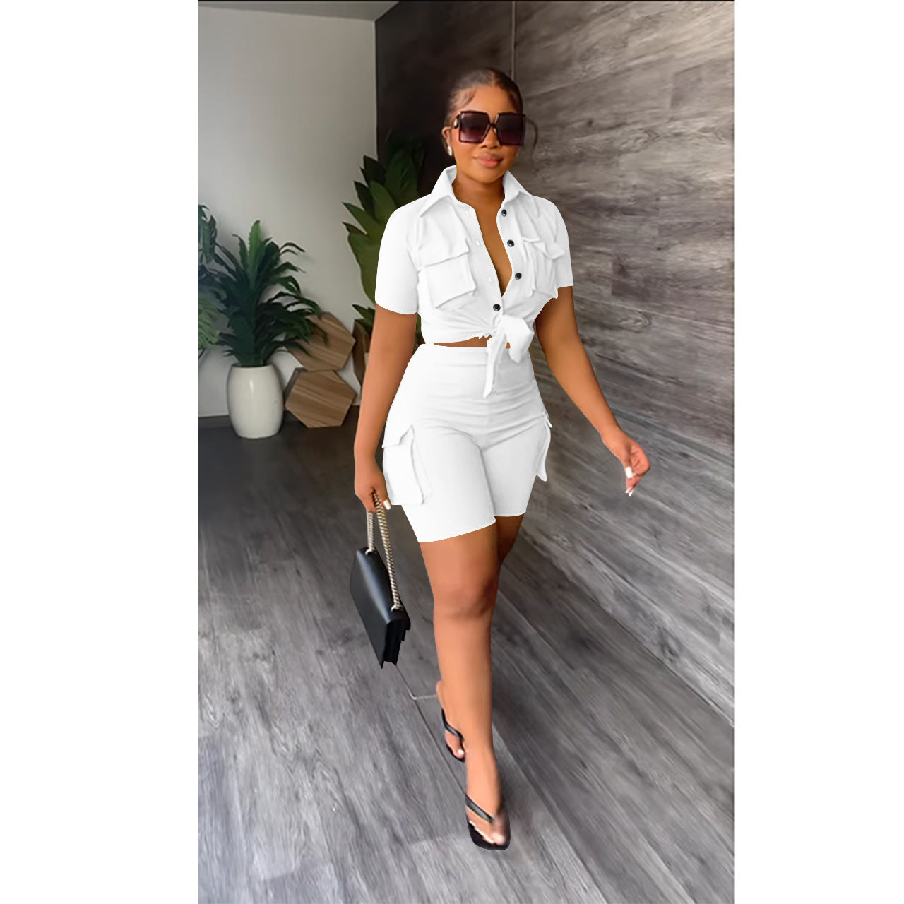 Women Clothing Urban Shirt Short Sleeve Shorts Solid Color Two Piece Set - Wanita Store
