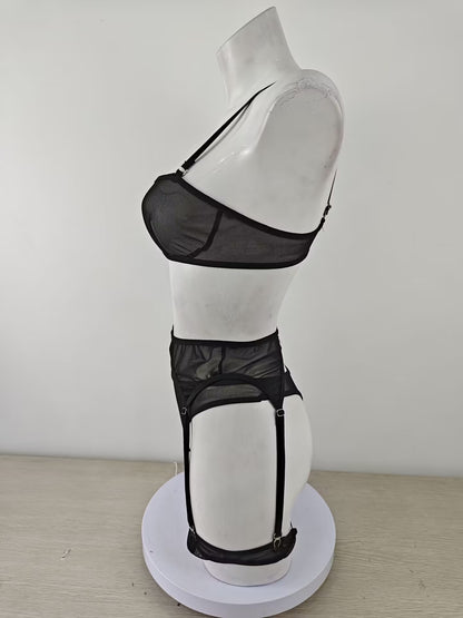Sexy Translucent Solid Color Mesh Three Bikini Sexy Lingerie Set