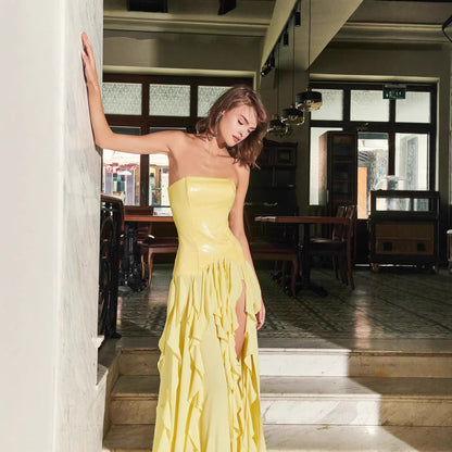 Robe bustier jaune à taille cintrée et volants pour femme, dos nu, été, vacances