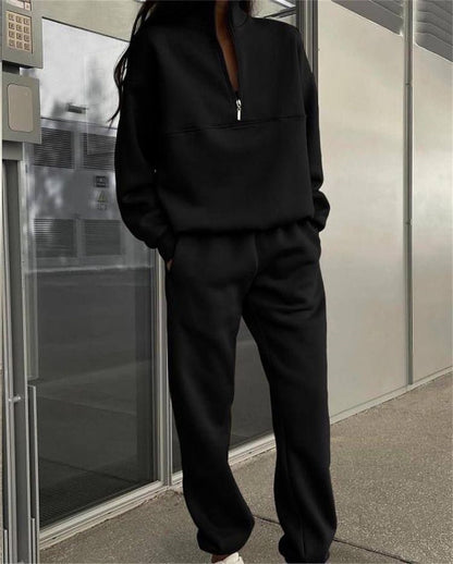 Women Long Sleeved Zipped Stand Collar Sweater Suit Autumn Winter Comfort Loose Sports Casual Sweater Two Piece Set - Wanita Store