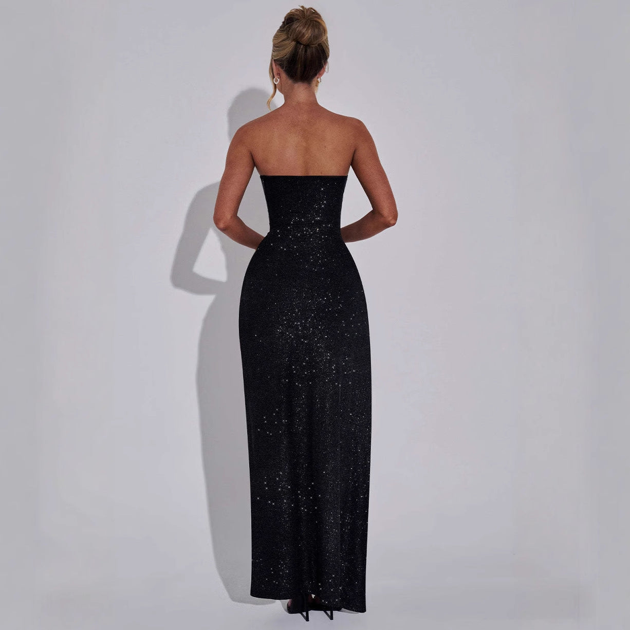 Spring Summer Socialite Elegant Sexy Slim Fit Shiny Tube Top Split Dress for Women