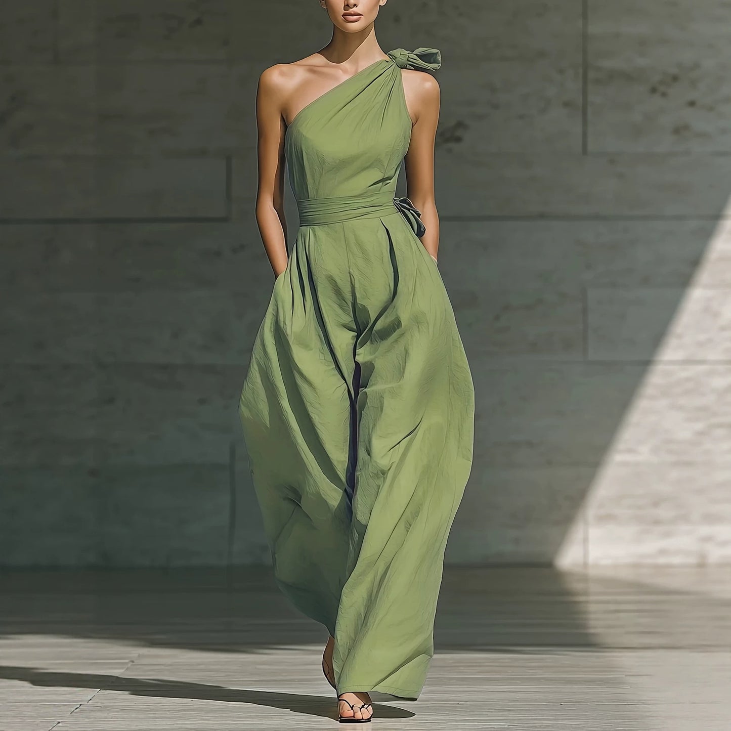 Women Clothing Summer Sleeveless One Shoulder Lace up Waist Controlled Wide Leg Pants Vacation Jumpsuit