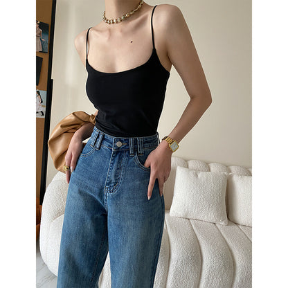 Sinan French Spaghetti Strap Slim Fit off Neck Camisole with Chest Pad Beautiful Back Basic Summer - Wanita Store