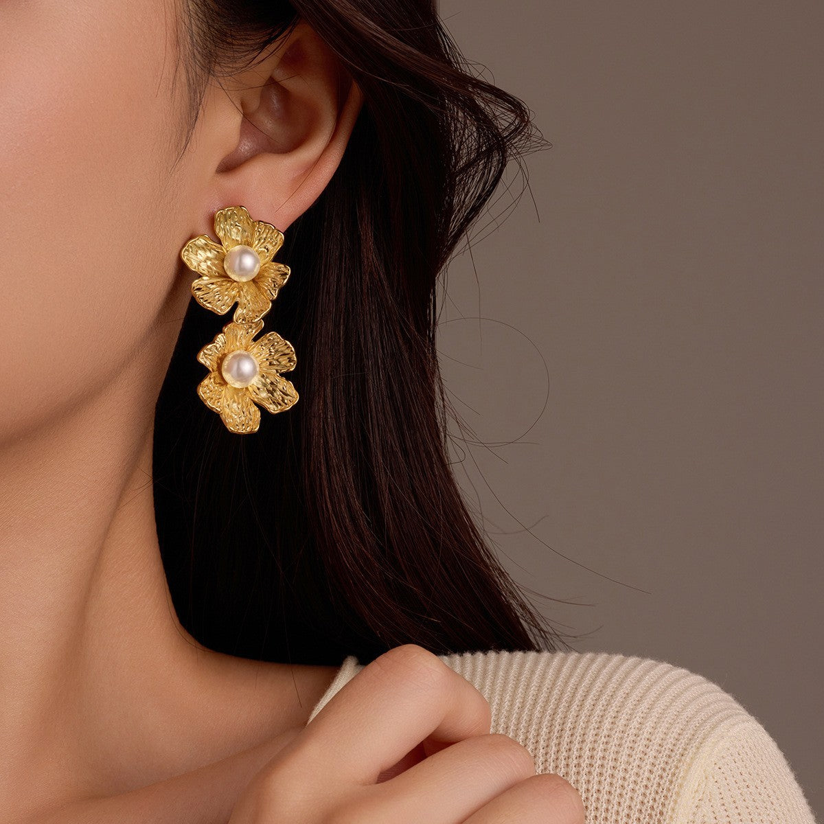 Gold Titanium Steel Petal Pearl Non Fading Stainless Steel Earrings Earrings - Wanita Store