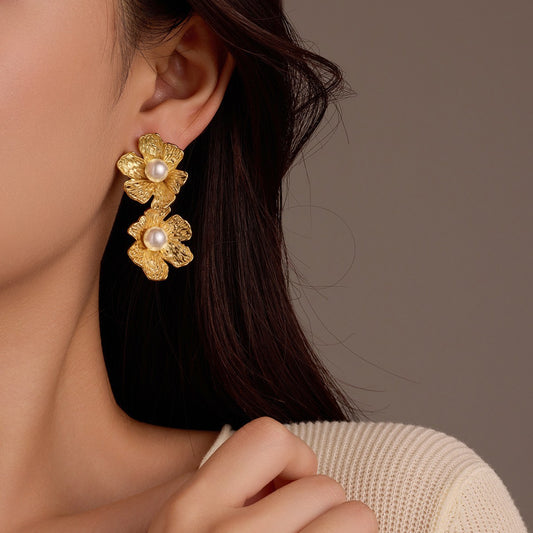 Gold Titanium Steel Petal Pearl Non Fading Stainless Steel Earrings Earrings - Wanita Store