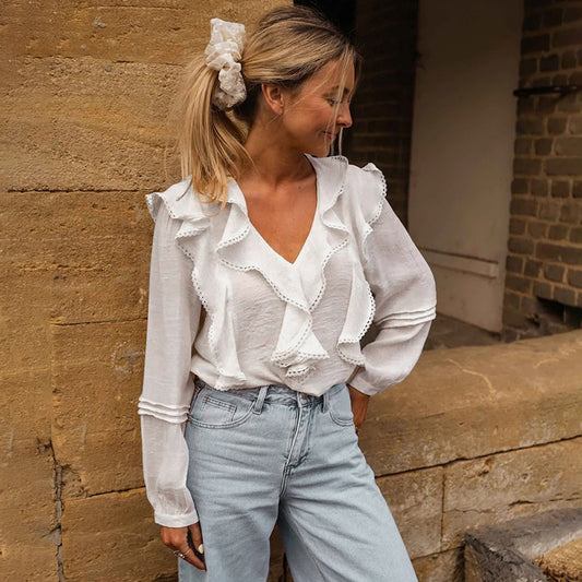 Fall French Pastoral Top Lace Ruffled V neck White Shirt Women