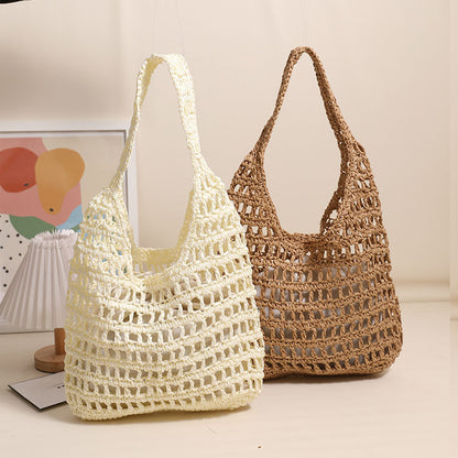 French Large Capacity Shoulder Straw Bag Hollow Out Cutout Tote Portable Straw Bag Woven Bag Seaside Vacation Beach Bag - Wanita Store
