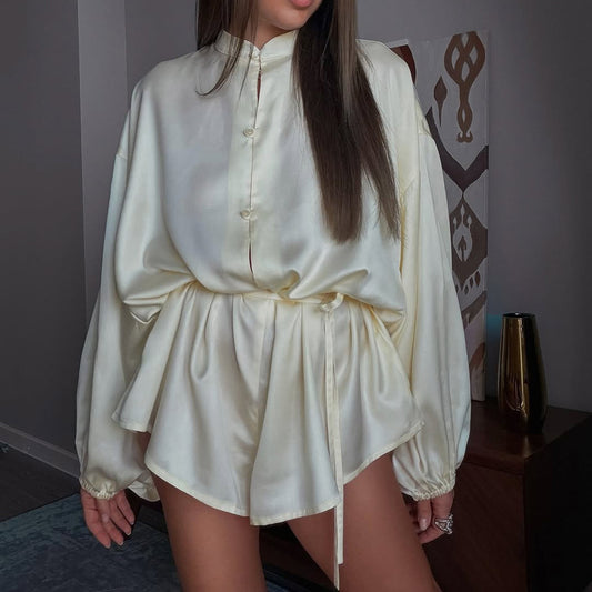 Combinaison Femme Été Col Montant Manches Longues Boutonnage Simple Ample avec Ceinture et Dentelle