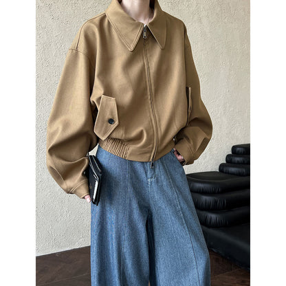 Autumn Maillard Coat Women Collared Drop Shoulder Zipper Design Loose All Matching Long Sleeved Jacket - Wanita Store