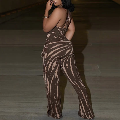 Elegant Sexy Slim Fit Stretch Backless Tassel Printed Halter Strap Micro Pull Jumpsuit - Wanita Store