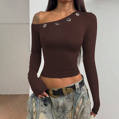 Winter One Shoulder Cold Shoulder Corns Solid Color Cropped Exposed Pullover Upper Clothes Long Sleeves T shirt - Wanita Store