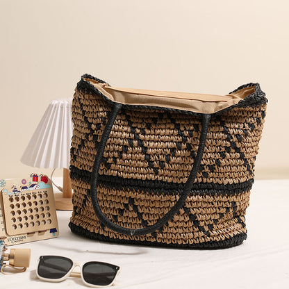 Retro Rhombus Shoulder Straw Bag Straw Bag Woven Bag Vacation Beach Women Bag - Wanita Store
