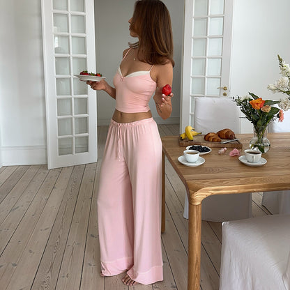 Patchwork Suspender Trousers Waist of Trousers Drawstring Bow Two Piece Sets Pajamas Casual Comfortable Homewear - Wanita Store